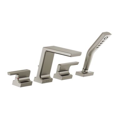 Click here to see Delta T4799-SS Delta Pivotal Two-Handle Roman Tub Faucet Trim with 1.75 GPM Three-Setting Hand Shower, H2Okinetic, Angular Spout, Lever Handles, Stainless - T4799-SS