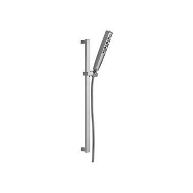 Click here to see Delta 51140 Delta Universal Showering 1in Four-Setting Hand Shower with 24in Slide Bar, Square, 1.75 GPM, Touch-Clean, H2Okinetic, WaterSense, Chrome - 51140