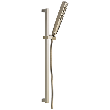 Click here to see Delta 51140-PN Delta Universal Showering 1in Four-Setting Hand Shower with 24in Slide Bar, Square, 1.75 GPM, Touch-Clean, H2Okinetic, WaterSense, Polished Nickel - 51140-PN