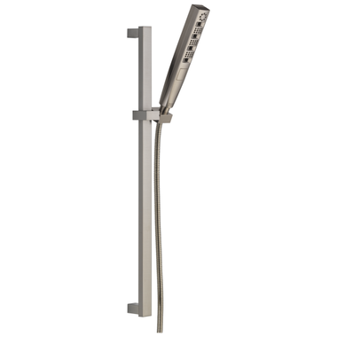 Click here to see Delta 51140-SS Delta Universal Showering 1in Four-Setting Hand Shower with 24in Slide Bar, Square, 1.75 GPM, Touch-Clean, H2Okinetic, WaterSense, Stainless - 51140-SS