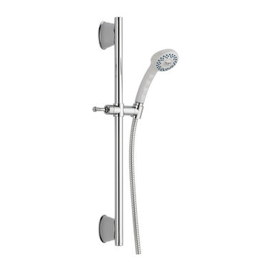 Click here to see Delta 51539-WH Delta Universal Showering Single-Setting Handheld Shower with Wall Bar, Round, 1.75 GPM, Touch-Clean, WaterSense, Dual Neoperl Check Valves, White - 51539-WH