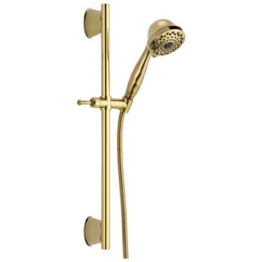 Click here to see Delta 51589-PB Delta 7-Setting 1.75 GPM Touch-Clean Round Handheld Shower with Slide Bar, WaterSense Certified, Polished Brass - 51589-PB