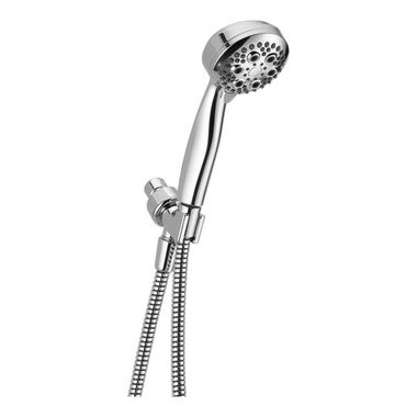Click here to see Delta 54434-18-PK Delta Premium Five-Setting ADA Hand Shower with Shower Mount and 60in to 82in Stretchable Metal Hose, Touch-Clean, 1.75 GPM, Chrome - 54434-18-PK