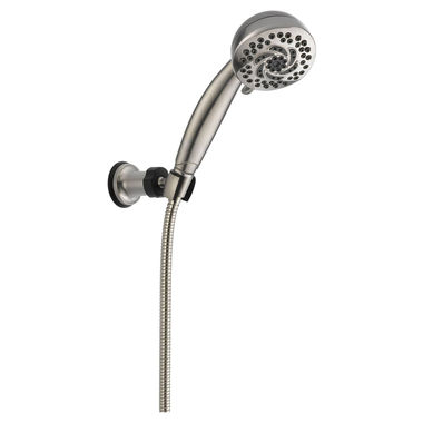 Click here to see Delta 55436-SS-PK Delta Premium Five-Setting Touch-Clean Hand Shower with Adjustable Shower Mount and 60in to 82in Stretchable Metal Hose, 1.75 GPM, Stainless - 55436-SS-PK