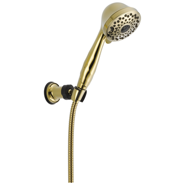 Click here to see Delta 59716-PB Delta Premium Seven-Setting ADA Touch-Clean Wall Mount Hand Shower with 60in to 82in Stretchable Metal Hose, 1.75 GPM, Polished Brass - 59716-PB