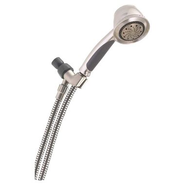 Click here to see Delta 75522SN Delta Five-Spray Touch-Clean Handheld Shower with 72in Ultra Flex Hose, 2.0 GPM, 80 PSI, Easy-Turn Spray Dial, Satin Nickel -75522SN
