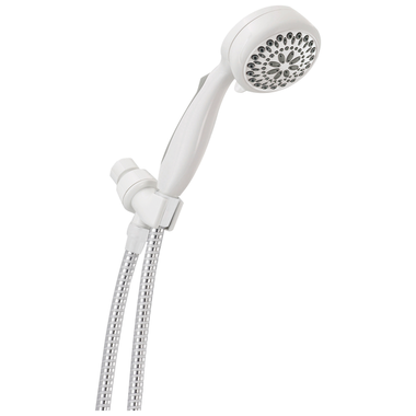 Click here to see Delta 75701CWH Delta Seven-Spray Setting Hand Shower with Stainless Steel Hose, 1.75 GPM, Touch-Clean Nozzles, Round, Non-Slip Handle, White - 75701CWH