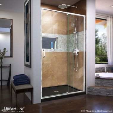 Click here to see Dreamline DL-6219C-88-01 DreamLine DL-6219C-88-01 Flex Center Drain Base, Clear Glass Pivot Shower Door Kit - Chrome