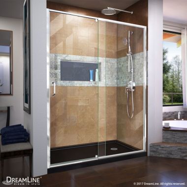Click here to see Dreamline DL-6225R-88-01 DreamLine DL-6225R-88-01 Flex Right Drain Base, Clear Glass Pivot Shower Door Kit - Chrome