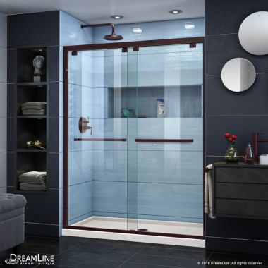 Click here to see Dreamline DL-7006C-22-06 DreamLine DL-7006C-22-06 Encore Bypass Shower Door, Center Drain Biscuit Base - Oil Rubbed Bronze 