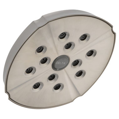 Click here to see Delta RP61265SS Delta Universal Showering Single-Setting Raincan Shower Head with H2Okinetic Technology, 1.75 GPM, Brilliance Stainless Steel - RP61265SS