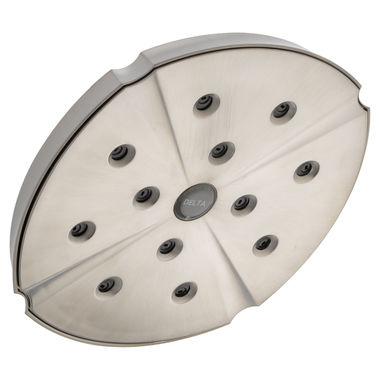 Click here to see Delta RP61274SS Delta Universal Showering Single-Setting Raincan Shower Head with H2Okinetic Technology, 2.5 GPM, Brilliance Stainless - RP61274SS