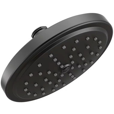 Click here to see Moen S176BL Moen 6-3/4in Single-Function Rainshower Shower Head, Round, Immersion Technology, 2.5 GPM, Self-Pressurizing, Matte Black - S176BL