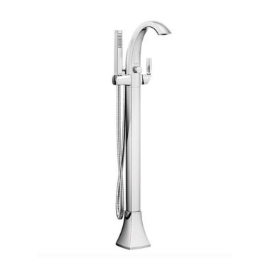 Click here to see Moen 695 Moen Voss 6 GPM Single-Handle Freestanding Tub Filler with 1.75 GPM Single-Function Hand Shower, 59in Metal Hose, Polished Chrome - 695