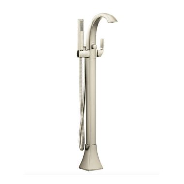 Click here to see Moen 695BN Moen Voss 6 GPM Single-Handle Freestanding Tub Filler with 1.75 GPM Single-Function Hand Shower, 59in Metal Hose, Brushed Nickel - 695BN