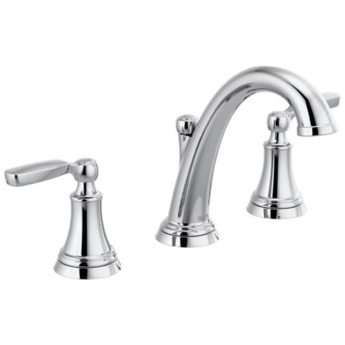 Click here to see Delta 3532LF-MPU Delta Woodhurst Widespread Two-Handle Bathroom Faucet, Pop-Up Drain, 1.2 GPM, Lever Handles, Chrome - 3532LF-MPU