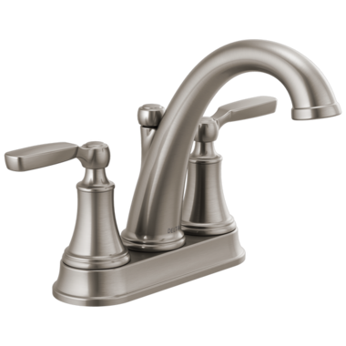 Click here to see Delta 2532LF-SSTP Delta Woodhurst Two-Handle Centerset Bathroom Faucet with 50/50 Pop-Up, Deck Mount, Lever Handles, Tract-Pack, 1.2 GPM, Stainless - 2532LF-SSTP