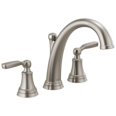 Click here to see Delta T2732-SS Delta Woodhurst Two-Handle Roman Tub Faucet Trim, Arc Spout, Lever Handles, ADA-Compliant, Stainless - T2732-SS