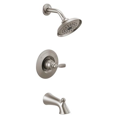 Click here to see Delta T14432-SS Delta Woodhurst Monitor 14 Series Single-Handle Tub/Shower Faucet with Rain Showerhead, Touch-Clean, 1.75 GPM, Lever Handle, Stainless - T14432-SS