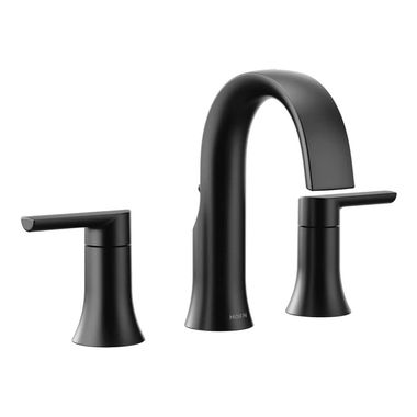 Click here to see Moen TS6925BL Moen Doux Two-Handle Widespread Matte Black Lavatory Faucet, WaterSense, 1.2 GPM, Three-Hole Installation, 60 PSI, Lever Handles - TS6925BL