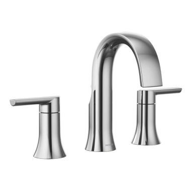 Click here to see Moen TS983 Moen Doux Two-Handle Roman Tub Faucet, High Arc Spout, 10in Center, Lever Handles, Polished Chrome - TS983