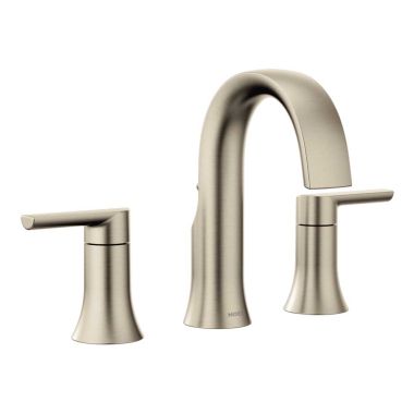 Click here to see Moen TS983BN Moen Doux Two-Handle Roman Tub Faucet, High Arc Spout, 10in Center, Lever Handles, Brushed Nickel - TS983BN