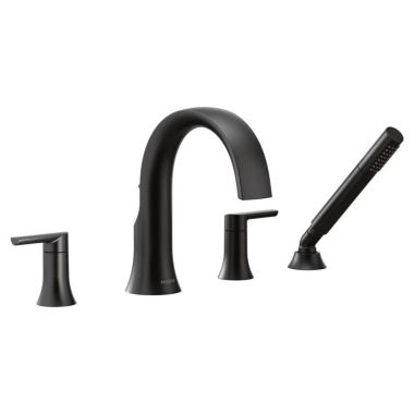 Click here to see Moen TS984BL Moen Doux Two-Handle Roman Tub Faucet with 1.75 GPM Single-Function Hand Shower, High Arc Spout, Lever Handles, Matte Black - TS984BL
