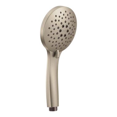 Click here to see Moen 189315BN Moen 4in Five-Function Hand Shower with Dual Check Valves, Round, LifeShine Finish, Eco-Performance, 1.75 GPM, WaterSense, Brushed Nickel - 189315BN