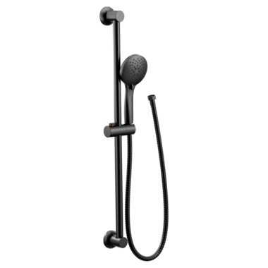 Click here to see Moen 3558EPBL Moen 4-3/8in Five-Function Hand Shower with 30in Slide Bar, Round, Eco-Performance, 1.75 GPM, WaterSense, 69in Spiral Hose, Matte Black - 3558EPBL
