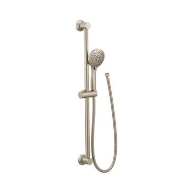 Click here to see Moen 3558EPBN Moen 4-3/8in Five-Function Hand Shower with 30in Slide Bar, Round, Eco-Performance, 1.75 GPM, WaterSense, 69in Spiral Hose, Brushed Nickel - 3558EPBN