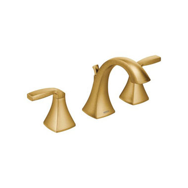Click here to see Moen T6905BG Moen Voss Two-Handle Widespread Brushed Gold Bathroom Faucet, 1.2 GPM, 60 PSI, WaterSense, Lever Handles, Three-Holes, ADA - T6905BG