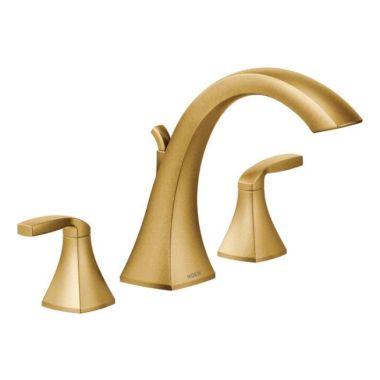 Click here to see Moen T693BG Moen Voss Two-Handle Roman Tub Faucet, High Arc Spout, 10in Center, Lever Handles, Temperature Indicator, Brushed Gold - T693BG