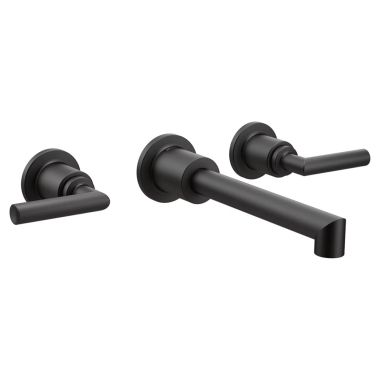 Click here to see Moen TS43003BL Moen Arris Two-Handle Wall-Mount Matte Black Widespread Bathroom Faucet, M-PACT, 1.2 GPM, ADA Lever Handle, Three-Hole, WaterSense - TS43003BL