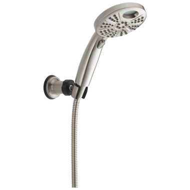 Click here to see Delta 55446-SS Delta Temp2O Six-Setting Touch-Clean Hand Shower with Arm Mount and 60in to 82in Stretchable Metal Hose, 1.75 GPM, Stainless - 55446-SS