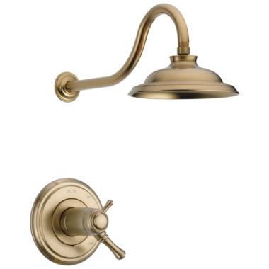 Click here to see Delta T17T297-CZ-WE Delta Cassidy TempAssure 17T Series Two-Handle Shower Faucet with H2Okinetic Rain Showerhead, 1.75 GPM, Lever Handles, Champagne Bronze - T17T297-CZ-WE