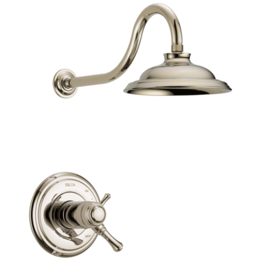 Click here to see Delta T17T297-PN-WE Delta Cassidy TempAssure 17T Series Two-Handle Shower Faucet with H2Okinetic Rain Showerhead, 1.75 GPM, Lever Handles, Polished Nickel - T17T297-PN-WE