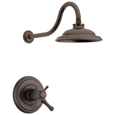 Click here to see Delta T17T297-RB-WE Delta Cassidy TempAssure 17T Series Two-Handle Shower Faucet with H2Okinetic Rain Showerhead, 1.75 GPM, Lever Handles, Venetian Bronze - T17T297-RB-WE