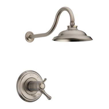 Click here to see Delta T17T297-SS-WE Delta Cassidy TempAssure 17T Series Two-Handle Shower Faucet with H2Okinetic Rain Showerhead, 1.75 GPM, Lever Handles, Stainless - T17T297-SS-WE