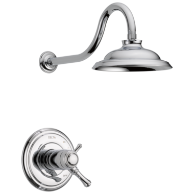 Click here to see Delta T17T297-WE Delta Cassidy TempAssure 17T Series Two-Handle Shower Faucet with H2Okinetic Rain Showerhead, 1.75 GPM, Lever Handles, Chrome - T17T297-WE
