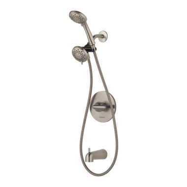 Click here to see Peerless P18437-BN-DSP PEERLESS P18437-BN-DSP APEX TUB AND SHOWER COMPLETE BRUSHED NICKEL
