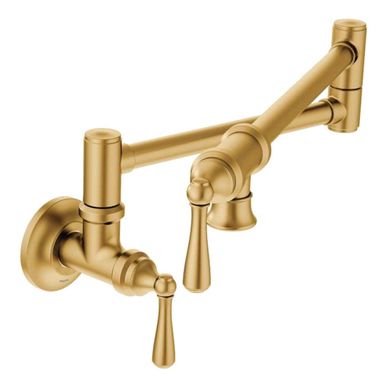 Click here to see Moen S664BG Moen Traditional Wall-Mount Two Handle Pot Filler Faucet, Brushed Gold - S664BG