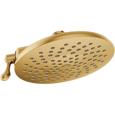 Click here to see Moen S6320EPBG Moen Velocity 8in Two-Function Rainshower Shower Head with Operating Lever, Immersion Technology, LifeShine Finish, 1.75 GPM, Brushed Gold - S6320EPBG