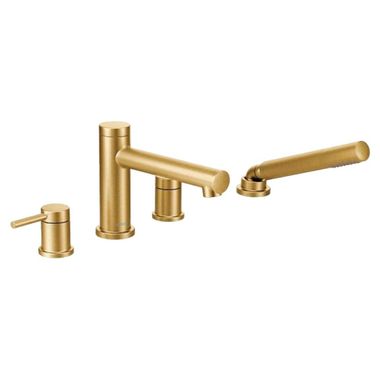 Click here to see Moen T394BG Moen Align Two-Handle Diverter Roman Tub Faucet with 1.75 GPM Single-Function Hand Shower, Lever Handles, Double Check Valve, Brushed Gold - T394BG