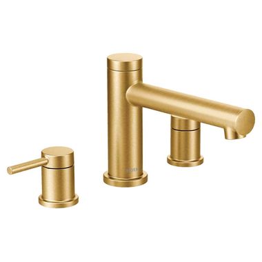 Click here to see Moen T393BG Moen Align Two-Handle Roman Tub Faucet Trim, Lever Handles. ADA-Compliant, M-PACT, Brushed Gold - T393BG