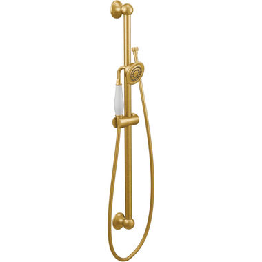 Click here to see Moen S12107EPBG Moen Weymouth Single-Function Handheld Shower with 30in Slide Bar, Eco-Performance, 1.75 GPM, WaterSense, Brushed Gold - S12107EPBG