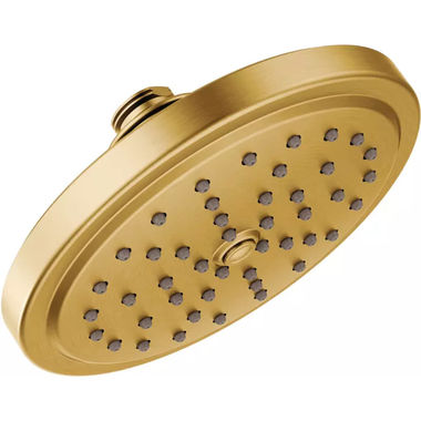 Click here to see Moen S176BG Moen 6-3/4in Single-Function Rainshower Shower Head, Round, Immersion Technology, LifeShine Finish, 2.5 GPM, Self-Pressurizing, Brushed Gold - S176BG