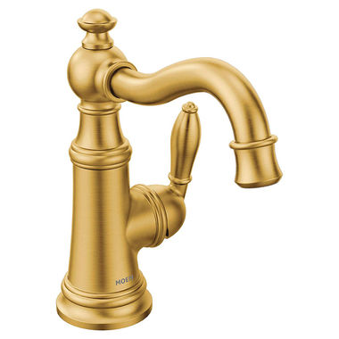 Click here to see Moen S42107BG Moen Weymouth One-Handle High Arc Brushed Gold Bathroom Faucet with Metal Pop-Up Drain, WaterSense Certified, ADA Lever Handle - S42107BG