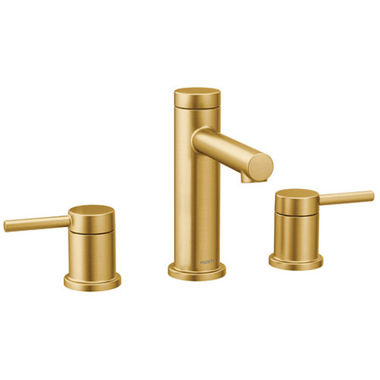 Click here to see Moen T6193BG Moen Align Two-Handle High Arc Brushed Gold Widespread Bathroom Faucet with Red/Blue Indicators, M-PACT, 1.2 GPM, ADA Lever Handle, Three-Hole - T6193BG