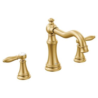 Click here to see Moen TS22103BG Moen Weymouth Two-Handle Roman Tub Faucet Trim, Lever Handles, ADA, M-PACT, Brushed Gold - TS22103BG