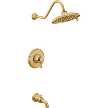 Click here to see Moen TS32104EPBG Moen Weymouth Posi-Temp Tub/Shower Faucet with 1.75 GPM Rainshower, 2-Function, Single Lever Handle, M-PACT, Immersion, Brushed Gold - TS32104EPBG